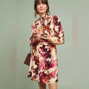 Vineet Bahl Watercolor Hibiscus Dress Small Anthropologie Belt Waist Long Sleeve